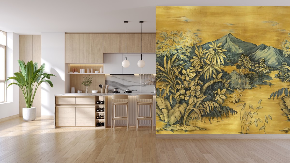 Carta da parati dorata con decoro paesaggio 